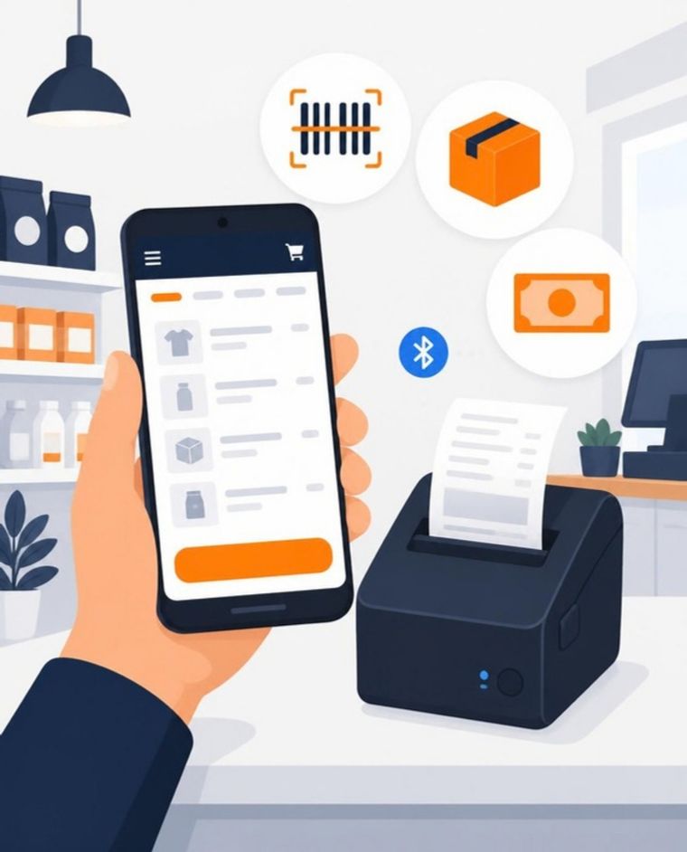 Celular con el app de CDEPos vendiendo en el mostrador, junto a una impresora térmica Bluetooth