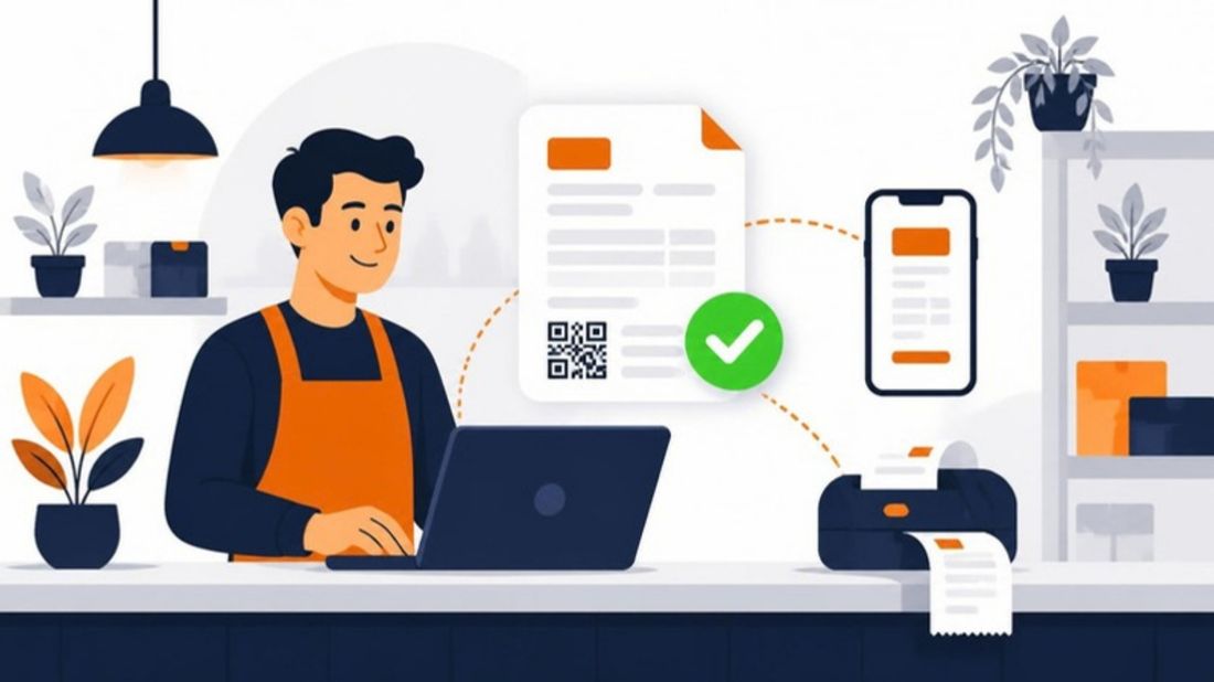 Comerciante emitiendo una factura electrónica desde la computadora; el comprobante con QR llega al celular del cliente y a la impresora