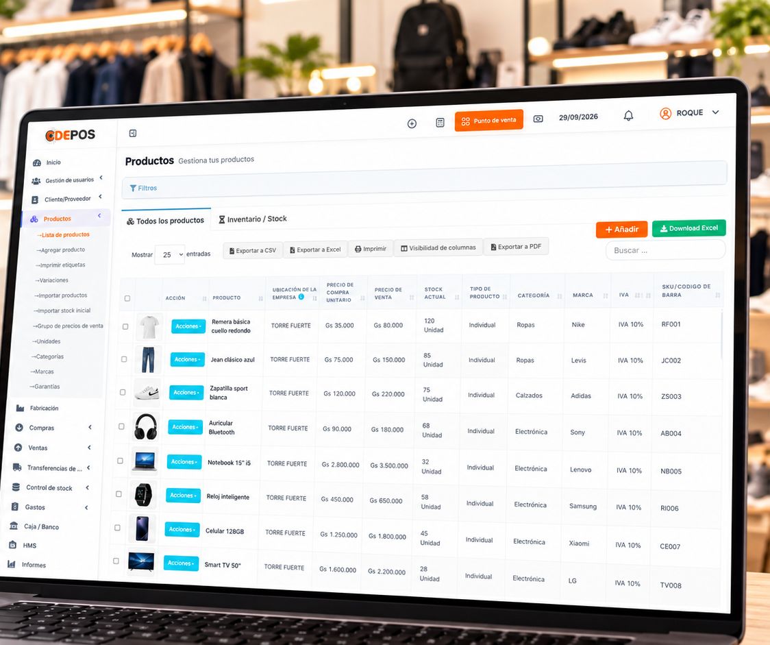 Lista de productos de CDEPos con precios, stock actual y códigos de barra