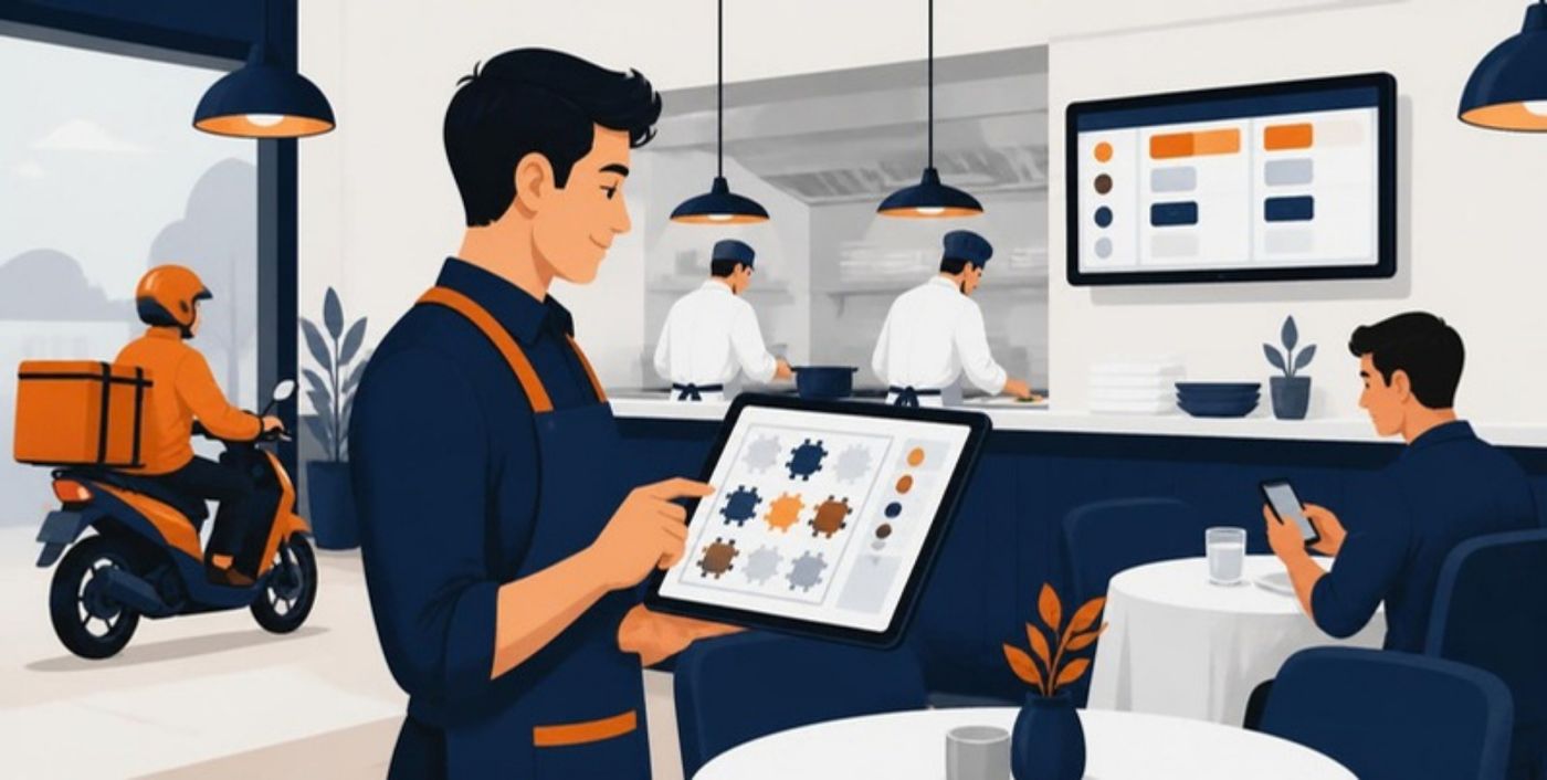 Mozo tomando un pedido en la tablet mientras la cocina prepara los platos y sale un delivery